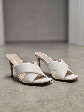 White Cross Strap Stiletto Heel Mules With Square Toe Design For Women